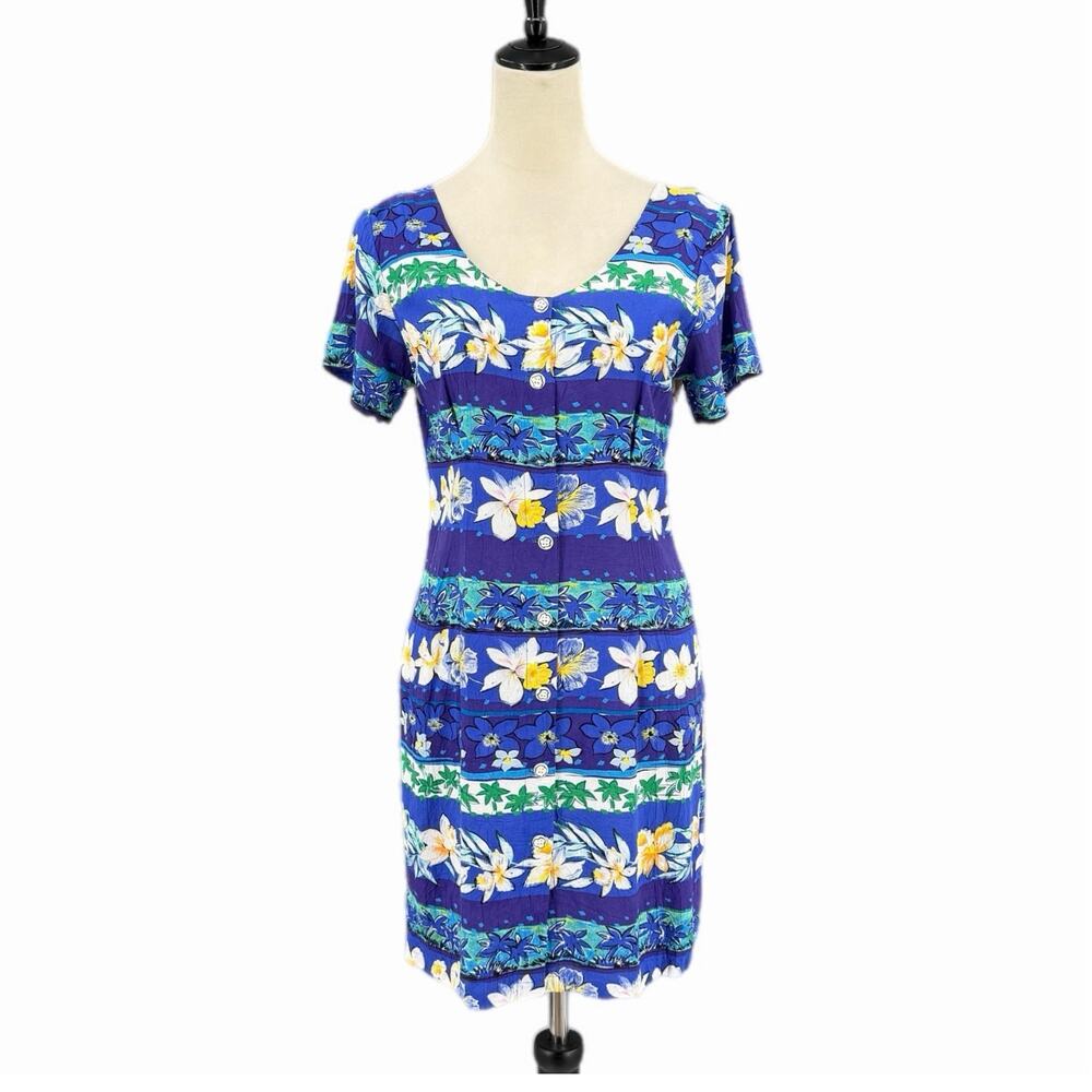 Jams World Hawaiian Vintage Orchid Row Purple Floral Tropical Button Mini Dress